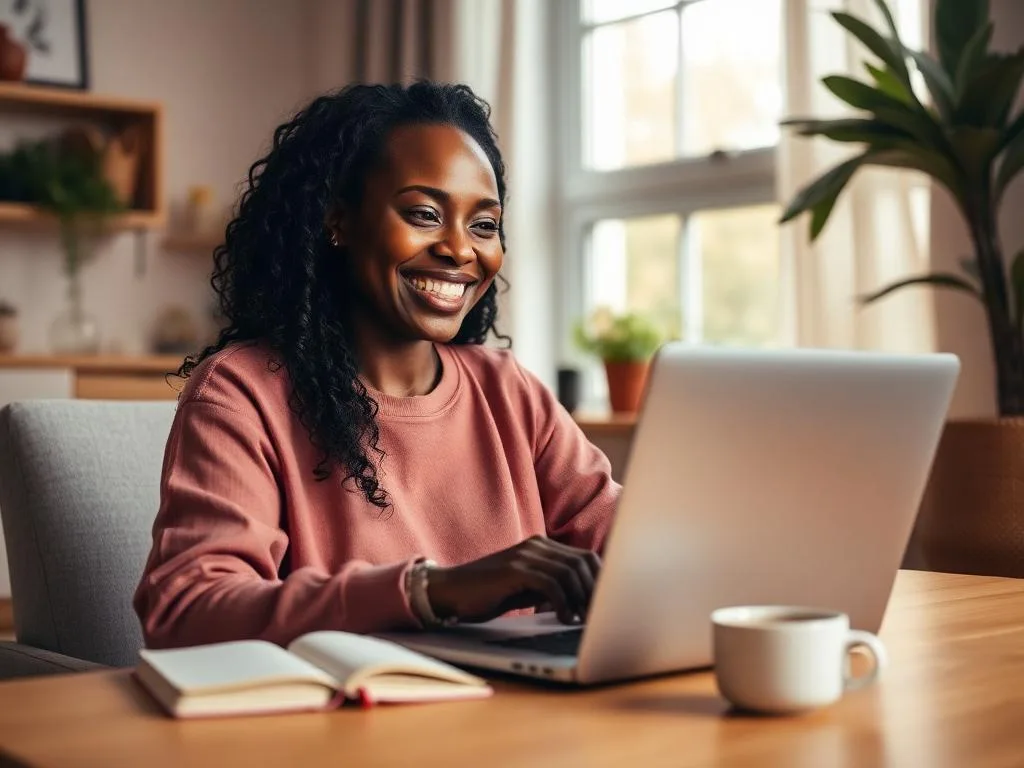 Woman smiling on a video discovery call at her desk